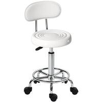 Rolkruk, draaibare en verstelbare kruk met rugleuning, kunstlederen bekleding, voetensteun, voor kaptafels, wit