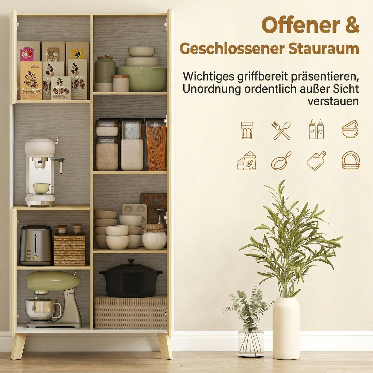 170 cm keukenkast, moderne kast met open vak, verstelbare legplanken, natuurlijke houtlook (4)