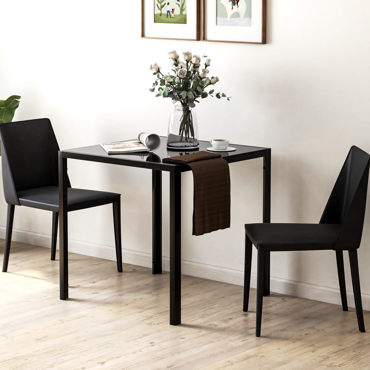 Vierkante eettafel voor 4 personen, tafelblad van gehard glas, voor keuken en eetkamer, 75 x 75 x 75 cm, zwart (2)