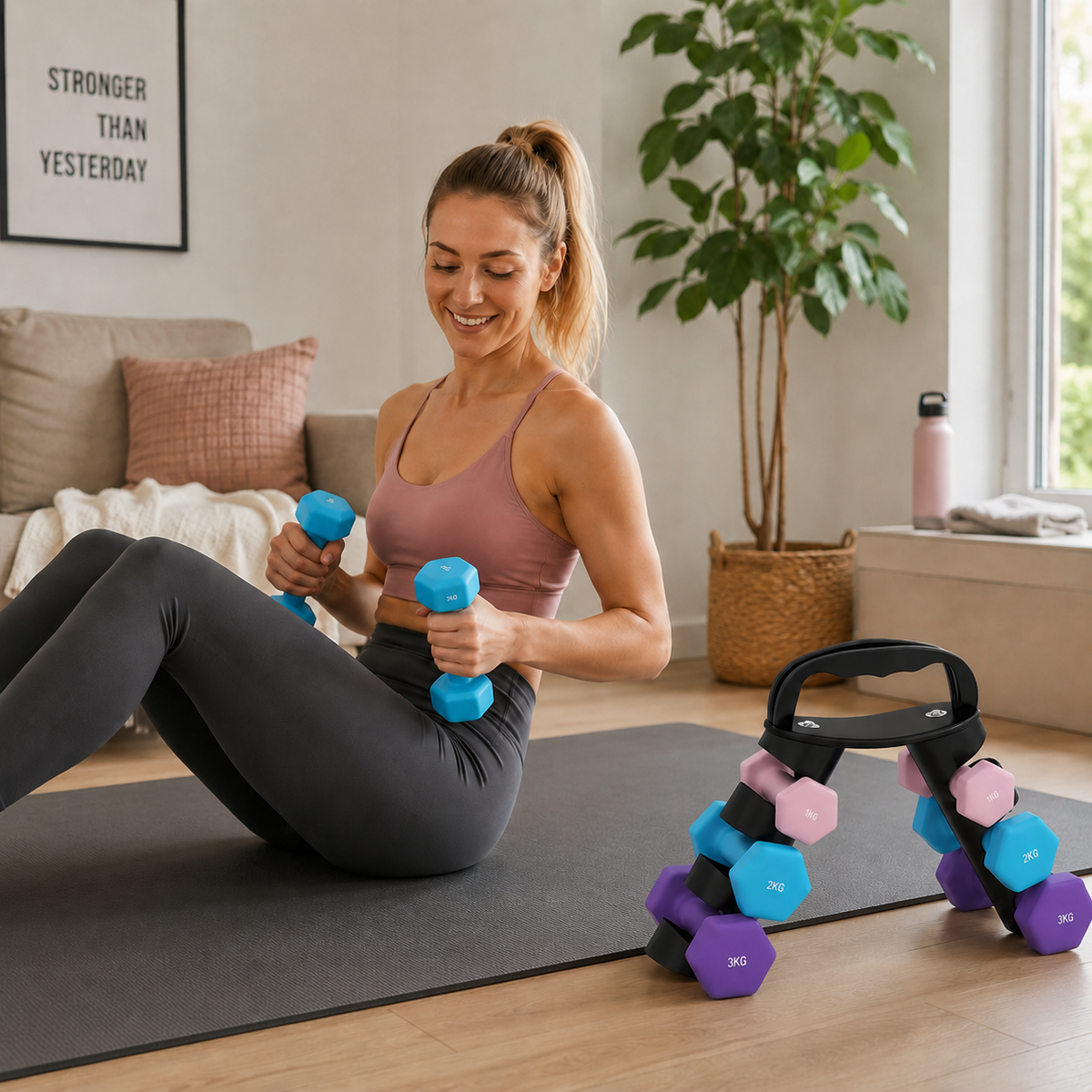 Halterset met opbergrek, set van 6 halters voor fitnesstraining, 2 x 1kg, 2 x 2kg, 2 x 3kg (2)