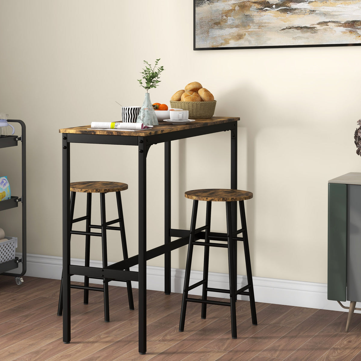 Bartafel met 2 stoelen in industrieel design, 2-delige set barkrukken met tafel, industrieel design, 3-delig (2)