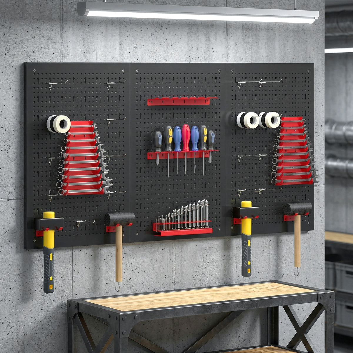 Opslagsysteem wandrek 60 x 120 cm, 28-delig bakkenrek met haken en opbergvakken, werkplaatsrek, zwart+rood (2)