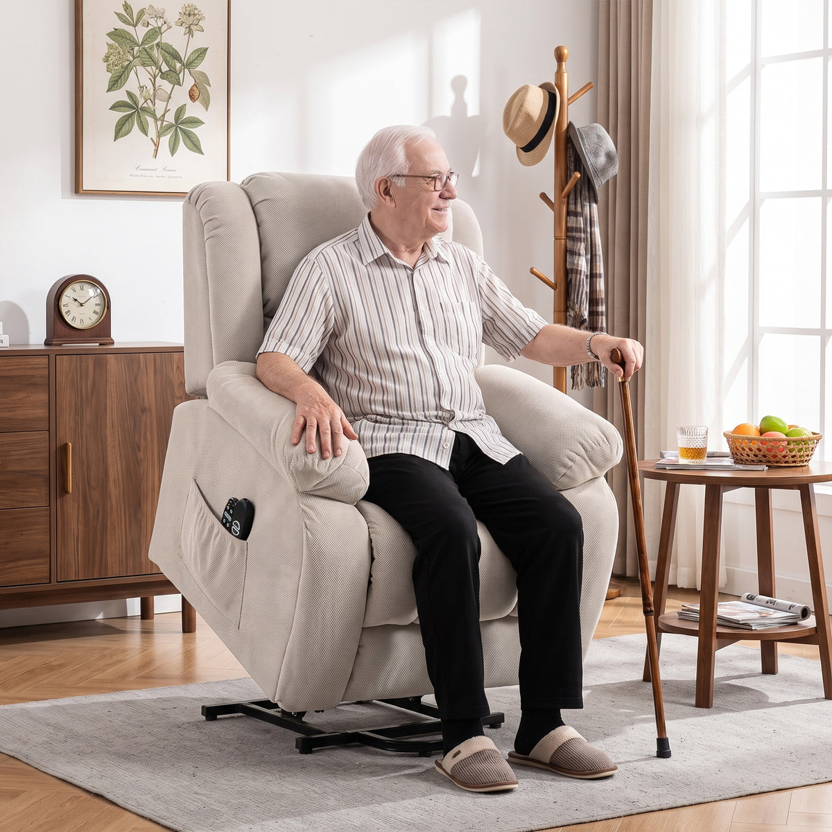 Relaxfauteuil met massage- en warmtefunctie, elektrische sta-opstoel, afstandsbediening, zijvakken, beige (2)