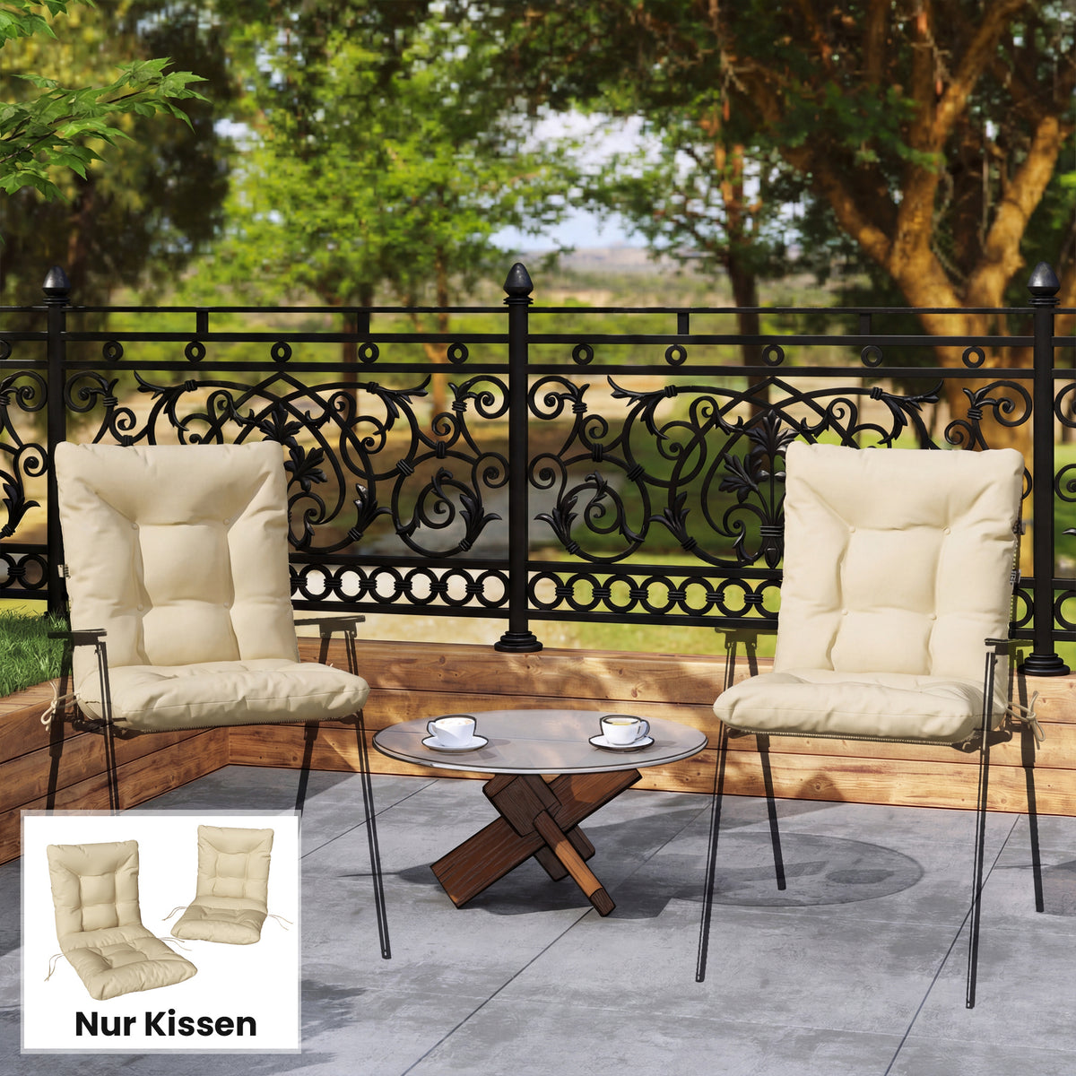 Outdoor-zitkussen met rugleuning en linten, waterafstotende kussens voor binnen en buiten, beige (2)