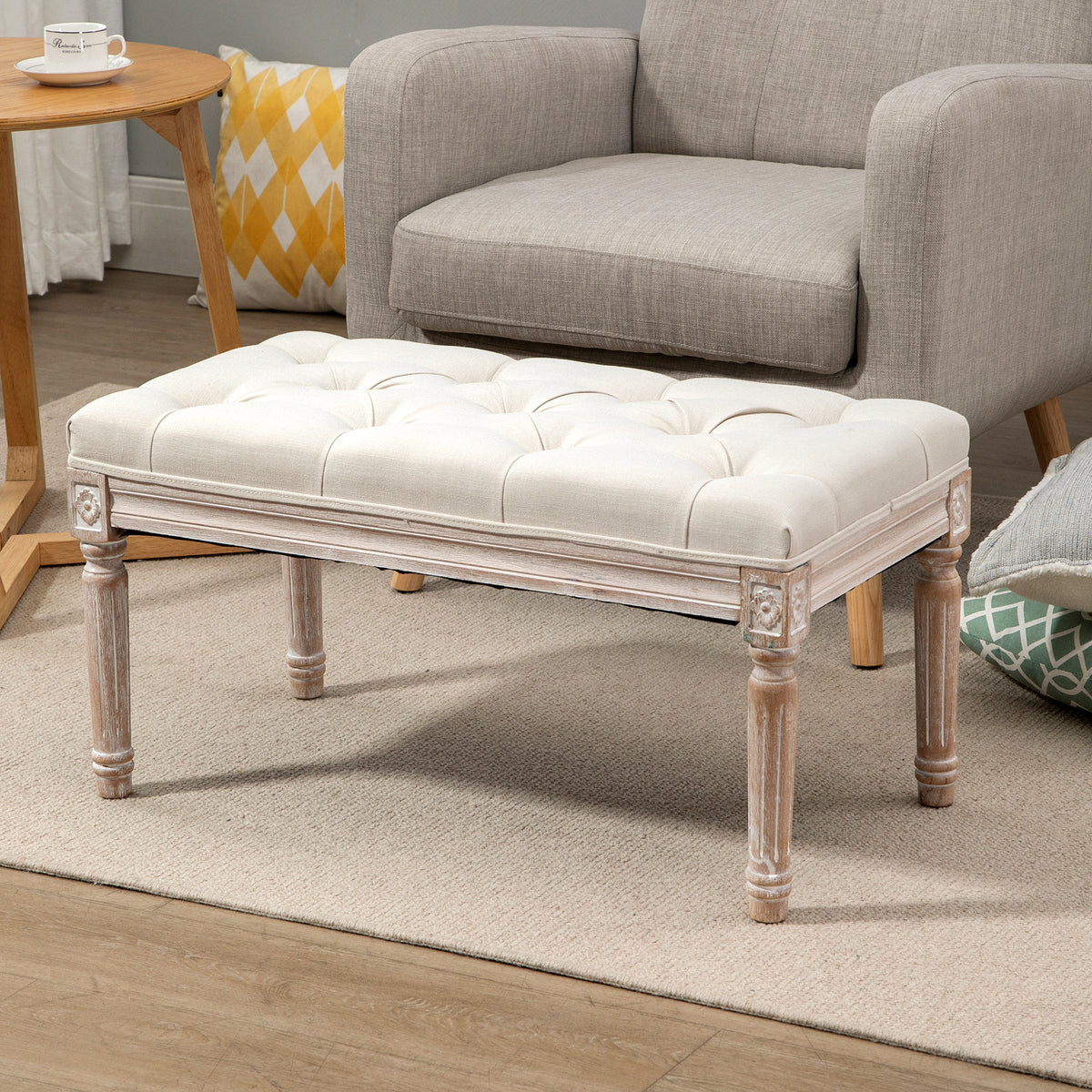 Gestoffeerde voetenbank, gestoffeerde bank, poef, hout en stoffen bekleding in linnenlook, 80L x 40B x 43H cm (2)