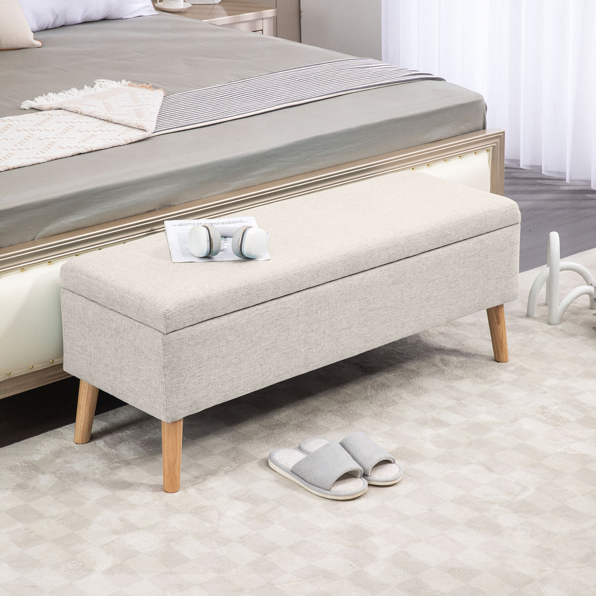 Opbergbank, tot 220 kg, linnenlook, 110x39x45 cm, beige (2)