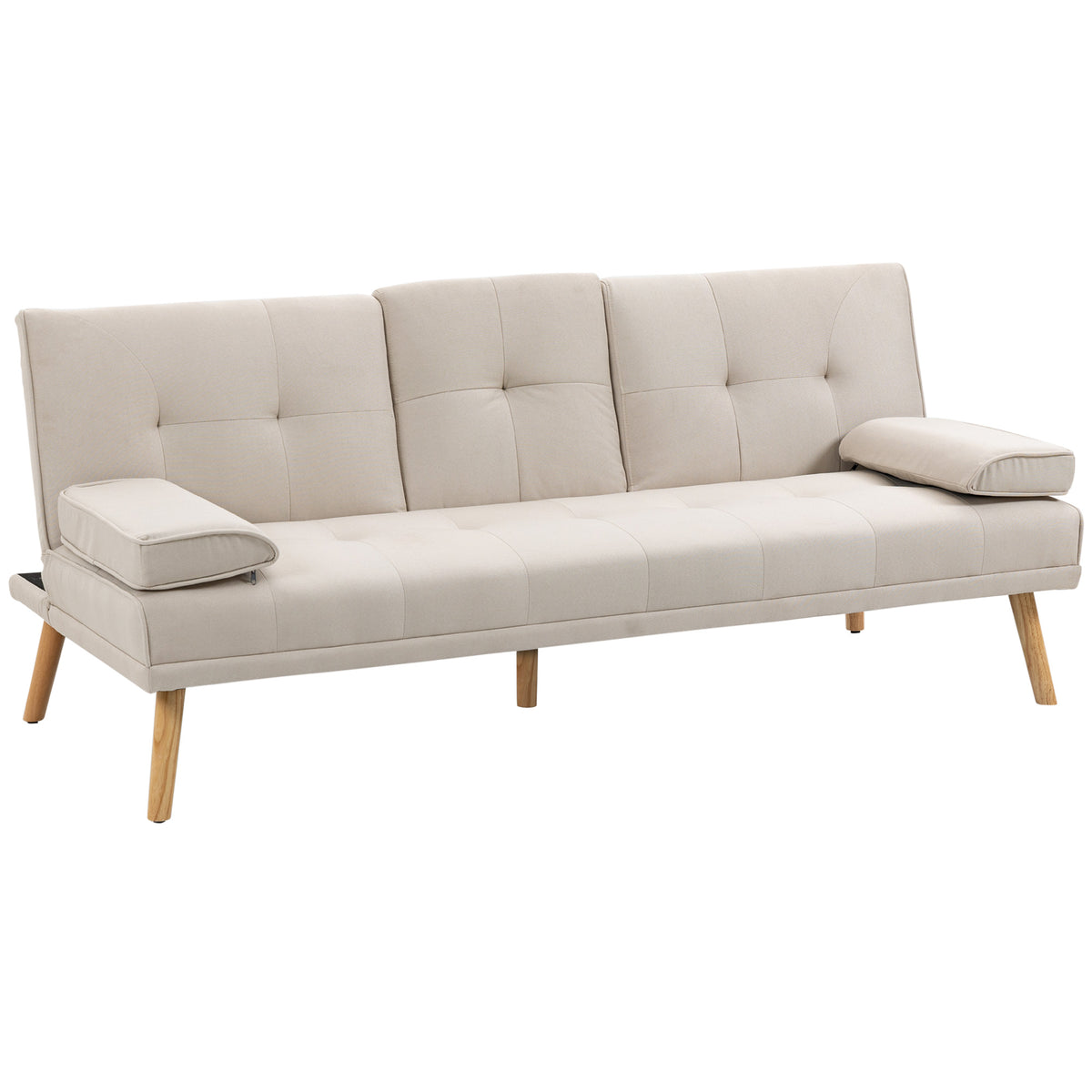 Slaapbank 3-zits, verstelbare rugleuning met klaptafel, twee armsteunkussens, linnenlook, beige, 181 x 77 x 78