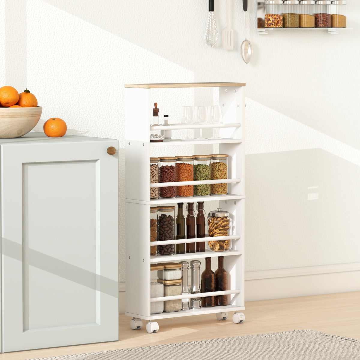 Multifunctioneel rek met wielen, smal ontwerp, 4 vakken, 45x15x91 cm, naturel (2)