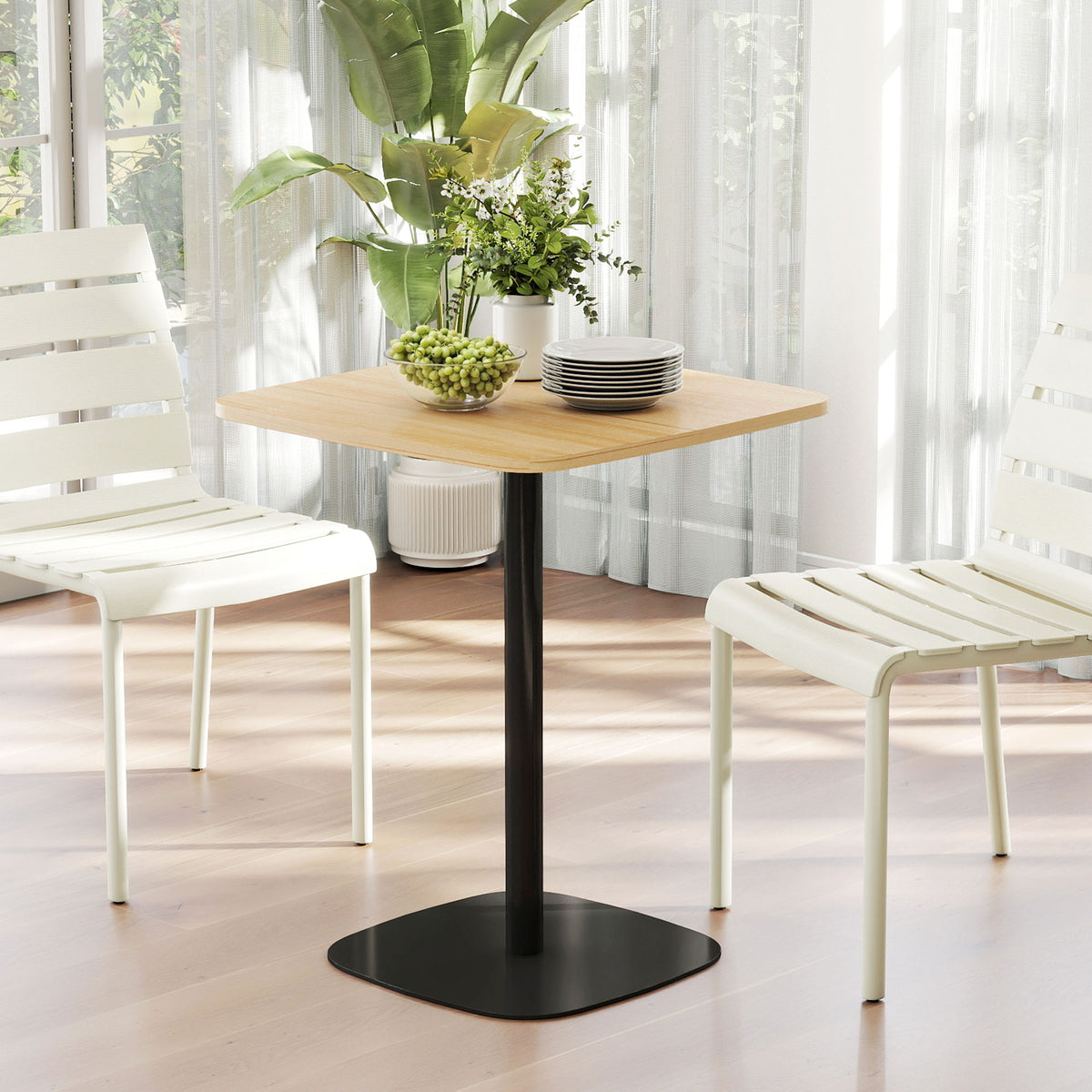 Kleine eettafel, 60 cm, vierkant, MDF-tafelblad, stalen voet, voor woonkamer, eetkamer, keuken, naturel (2)