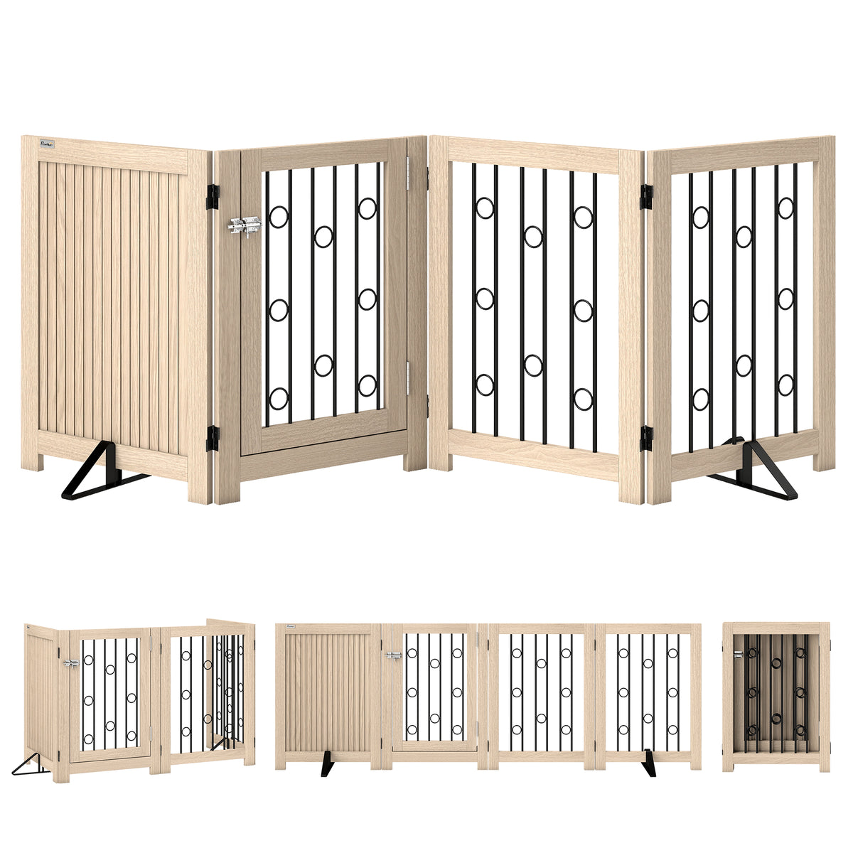 Vrijstaand huisdierhek, hondenkamerhek met deur, 4 panelen, voor gang, trap, deurkozijn, MDF, staal