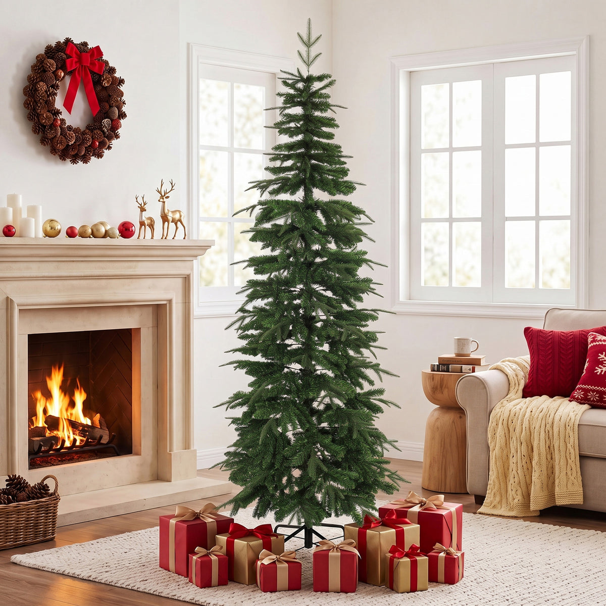 Kunstkerstboom 210 cm, spar met scharniertakken, 800 takpunten, inklapbare stalen standaard, groen (2)