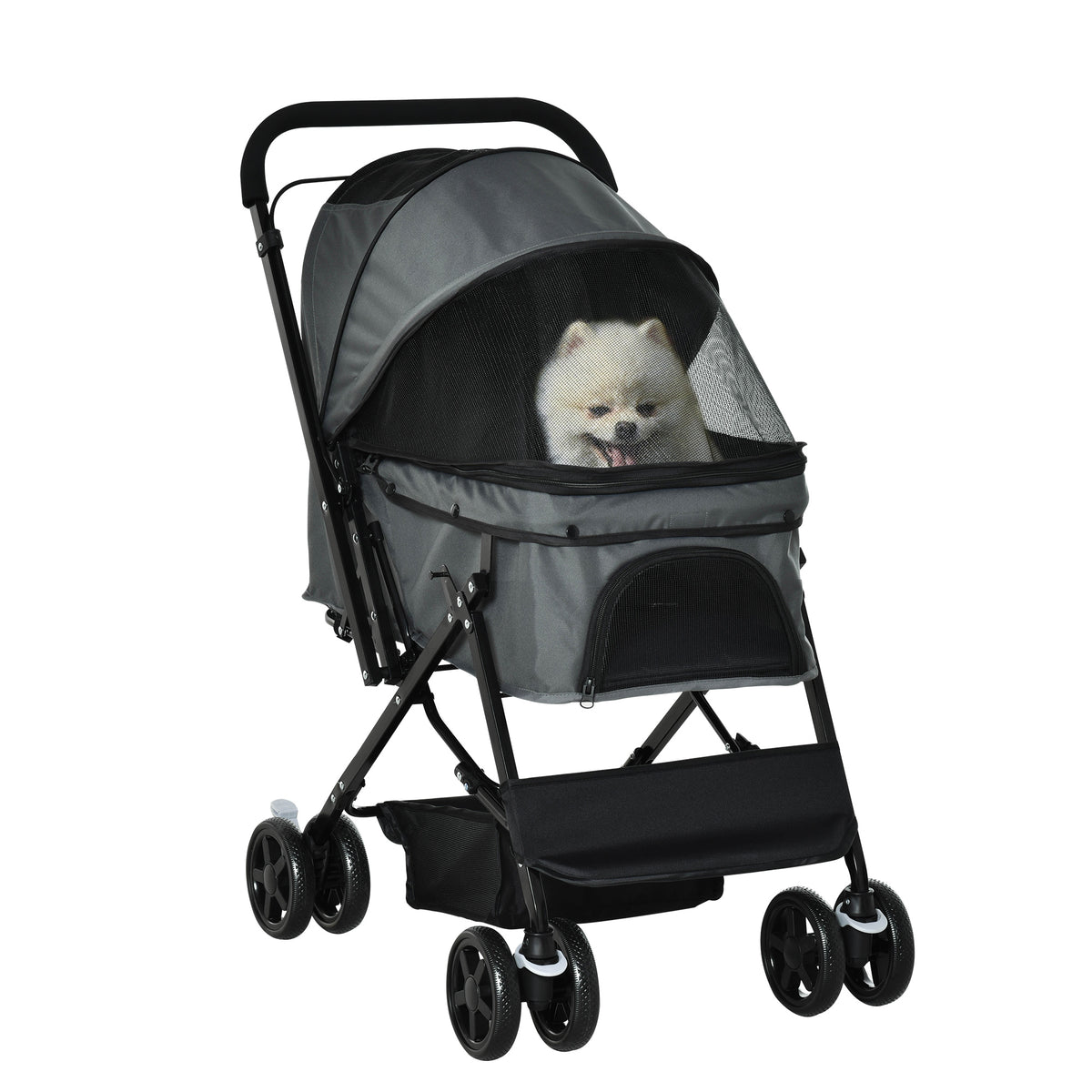 Hondenbuggy hondenwagen tot 10 kg inklapbaar gaasvenster opbergmand verstelbare kap donkergrijs 76,5 x 52 x 95