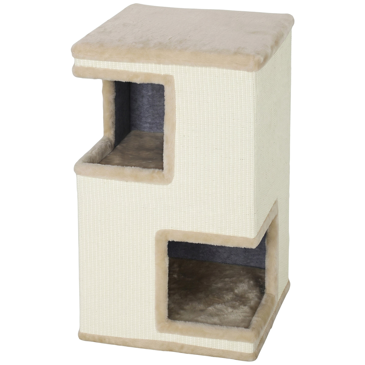 3-laagse kattenton voor binnen, halfgesloten kattenhol met kraboppervlakken rondom, 2 kattenholen