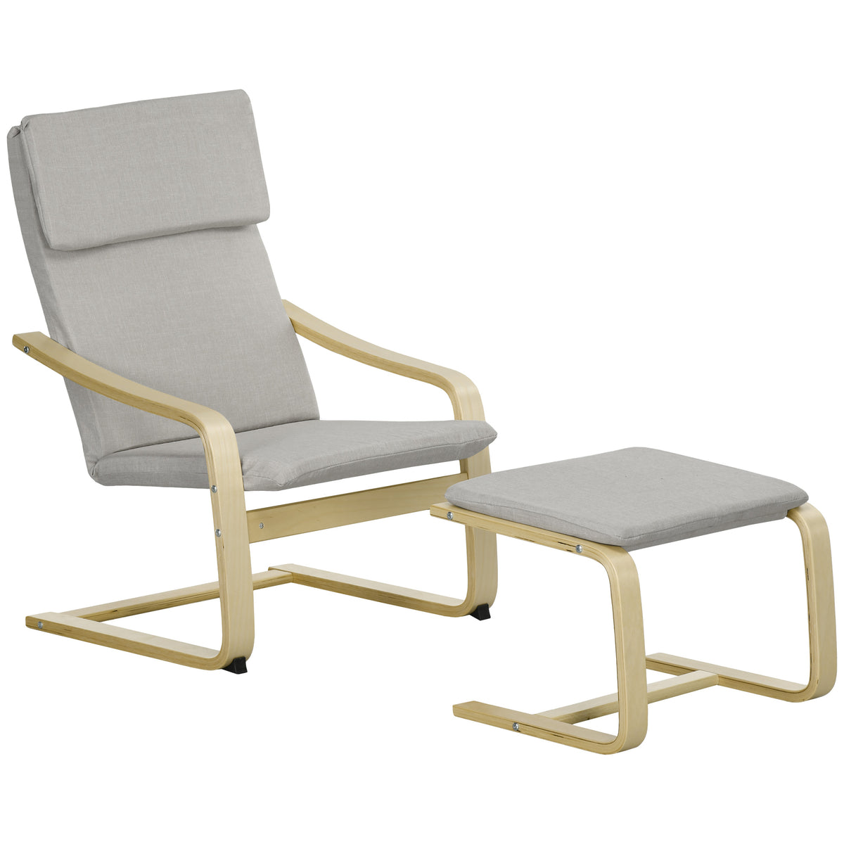 Loungestoel met voetenbank, bekleding in linnenlook, houten frame, tot 120 kg, lichtgrijs/natuur