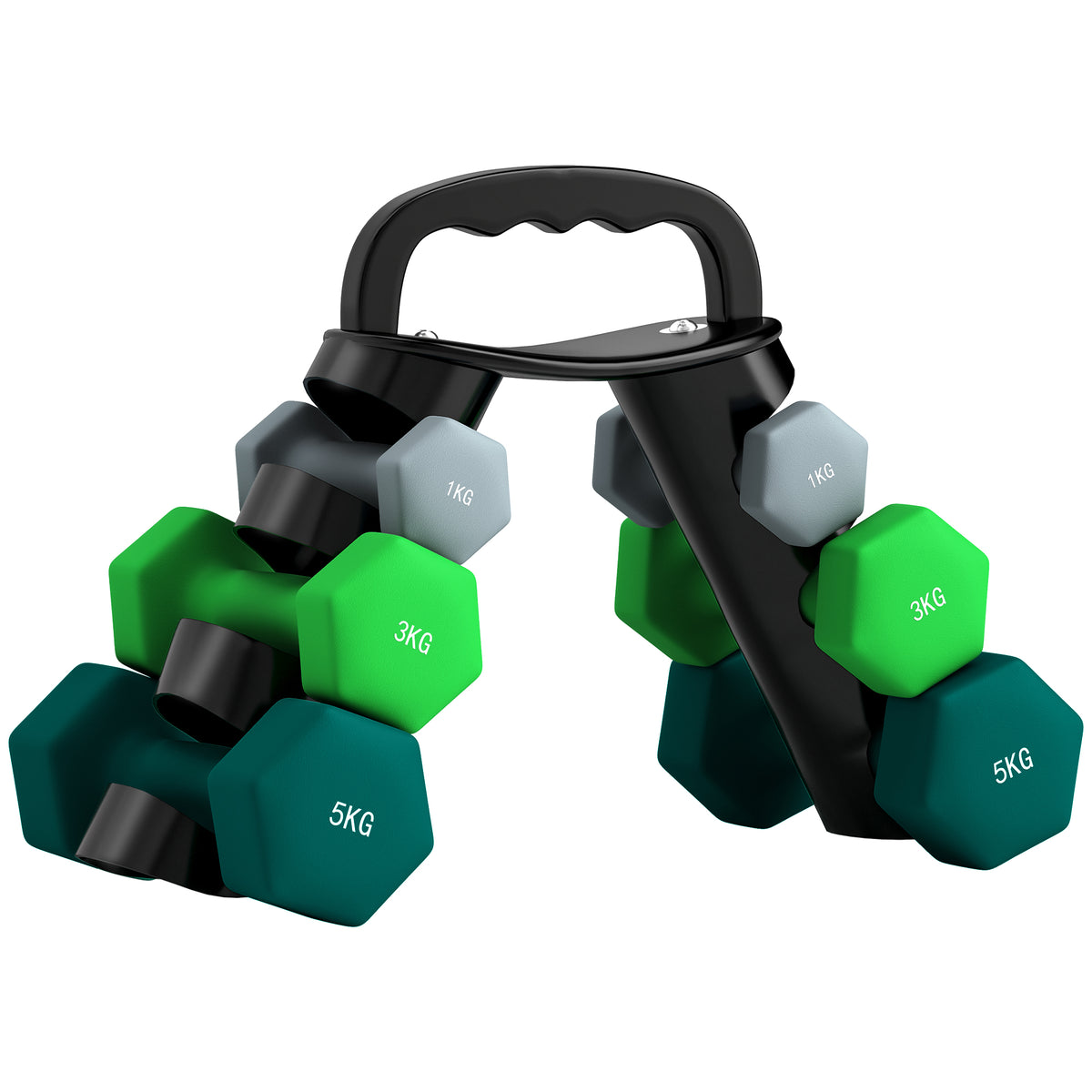 Dumbbellset met opbergrek, set met 6 dumbbells voor fitnesstraining, 2 x 1kg, 2 x 3kg, 2 x 5kg