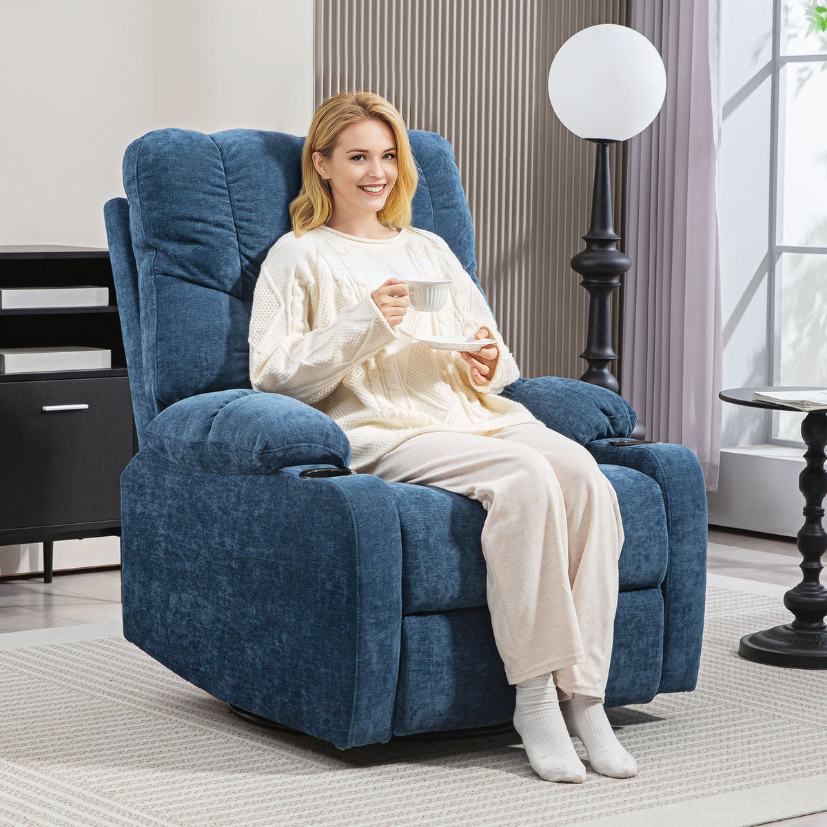 Relaxfauteuil met voetensteun, ligstoel, draaibaar, tot 150 kg, stalen frame, 88x96x108cm, donkerblauw (2)