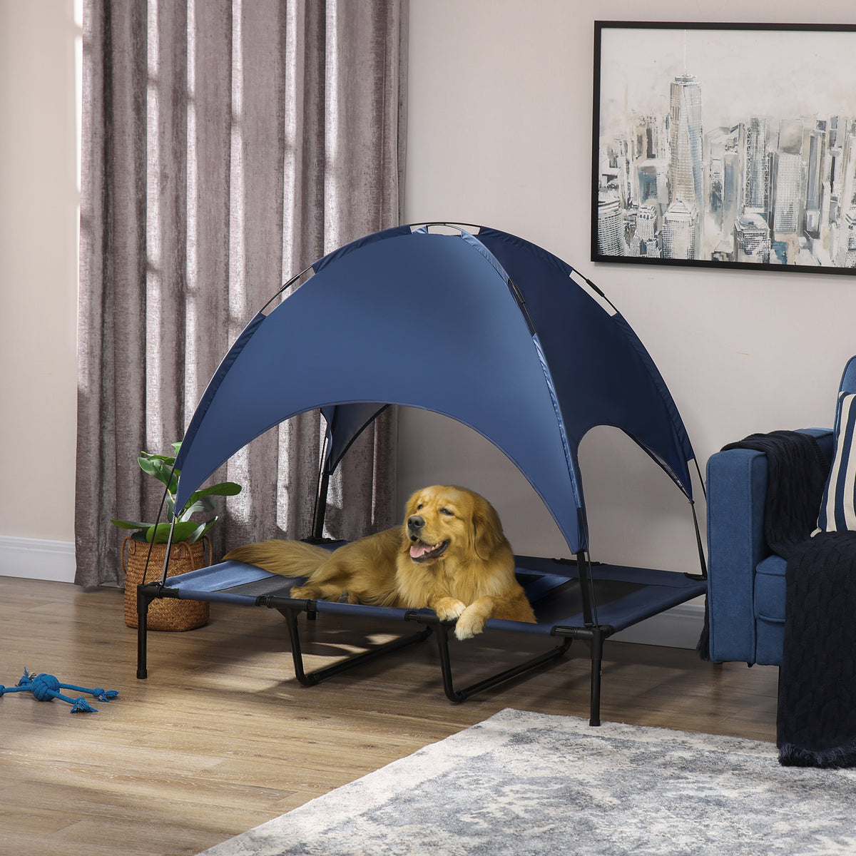 Hondenslaapplek voor buiten, weerbestendig hondenbed, met overkapping, inklapbaar, 122 x 92 x 108 cm, blauw + (2)