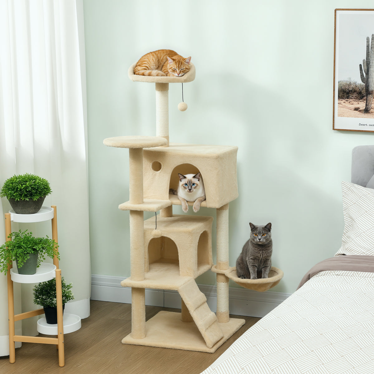 Krabpaal 140 cm kattentoren met hangmat, ladder, grot, 2 pluche balletjes, sisalstammen, 48 x 48 x 140 cm, beige (2)