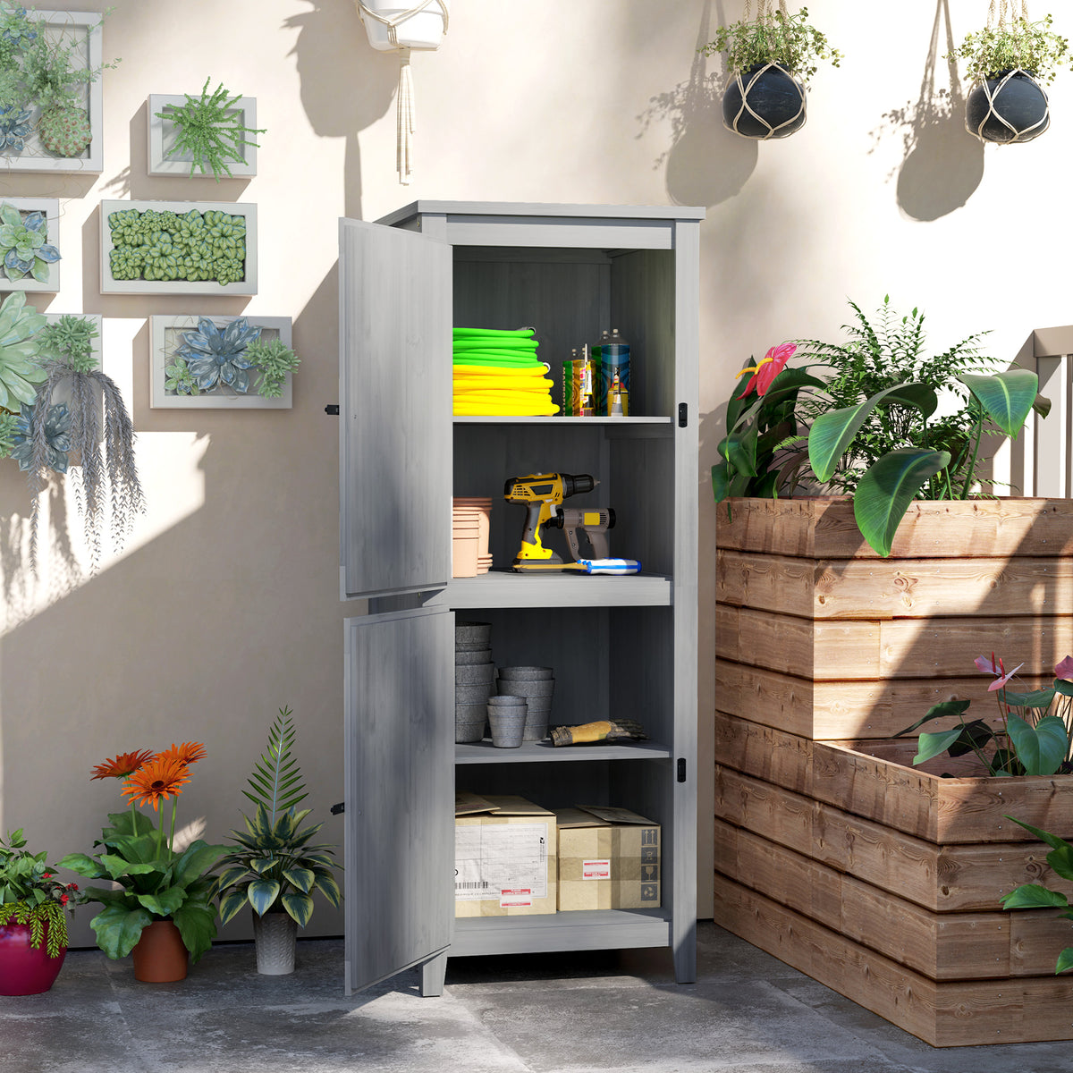 Houten schuur, compacte tuinschuur voor gereedschap en tuinartikelen met afsluitbare deuren, lichtgrijs (2)