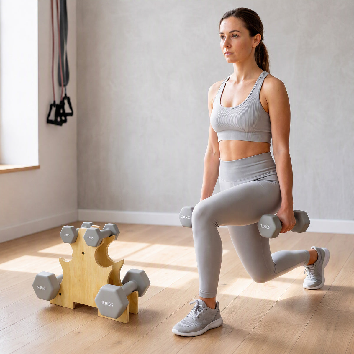 Haltersenset 3 paar 1kg 3kg 5kg dumbbells met houten standaard, antislipgreep, gietijzer zeshoekig lichtgrijs (2)