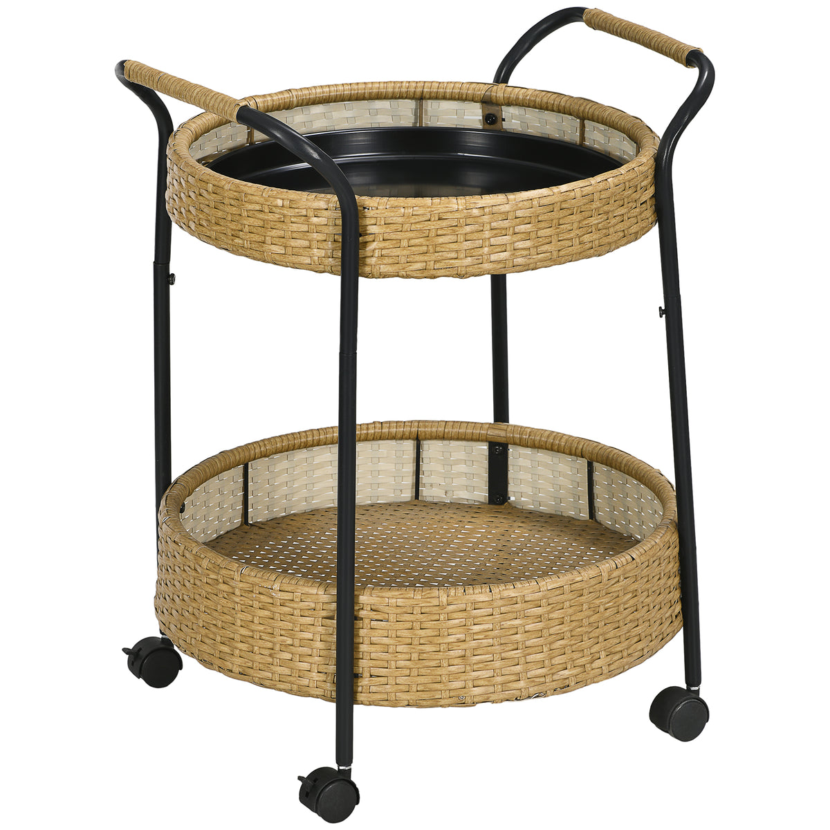 Outdoor serveerwagen, 2 niveaus, remmen, polyrotan, metalen frame, Φ50 x 66H cm, geel