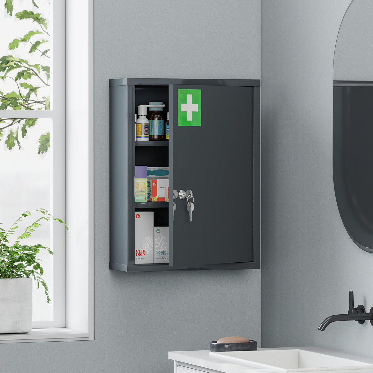 Medicijnkast voor wandmontage met slot, stalen wandkast met 3 niveaus, 40 x 15 x 53,5 cm, antracietgrijs (2)