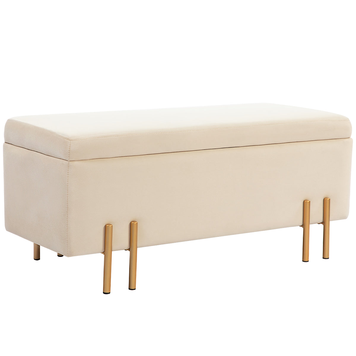 Gestoffeerd bankje met opbergruimte, kistbank, schuimrubber, metaal, rubberhout, 100 x 40 x 42 cm, beige