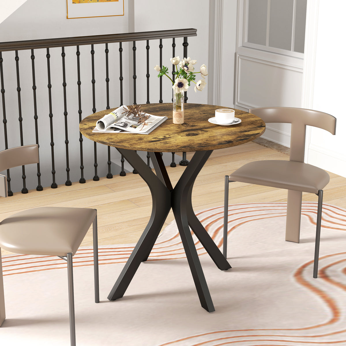 Keukentafel voor 2 personen, rond, gepoedercoat stalen frame, Ø78 cm, rustiek bruin (2)