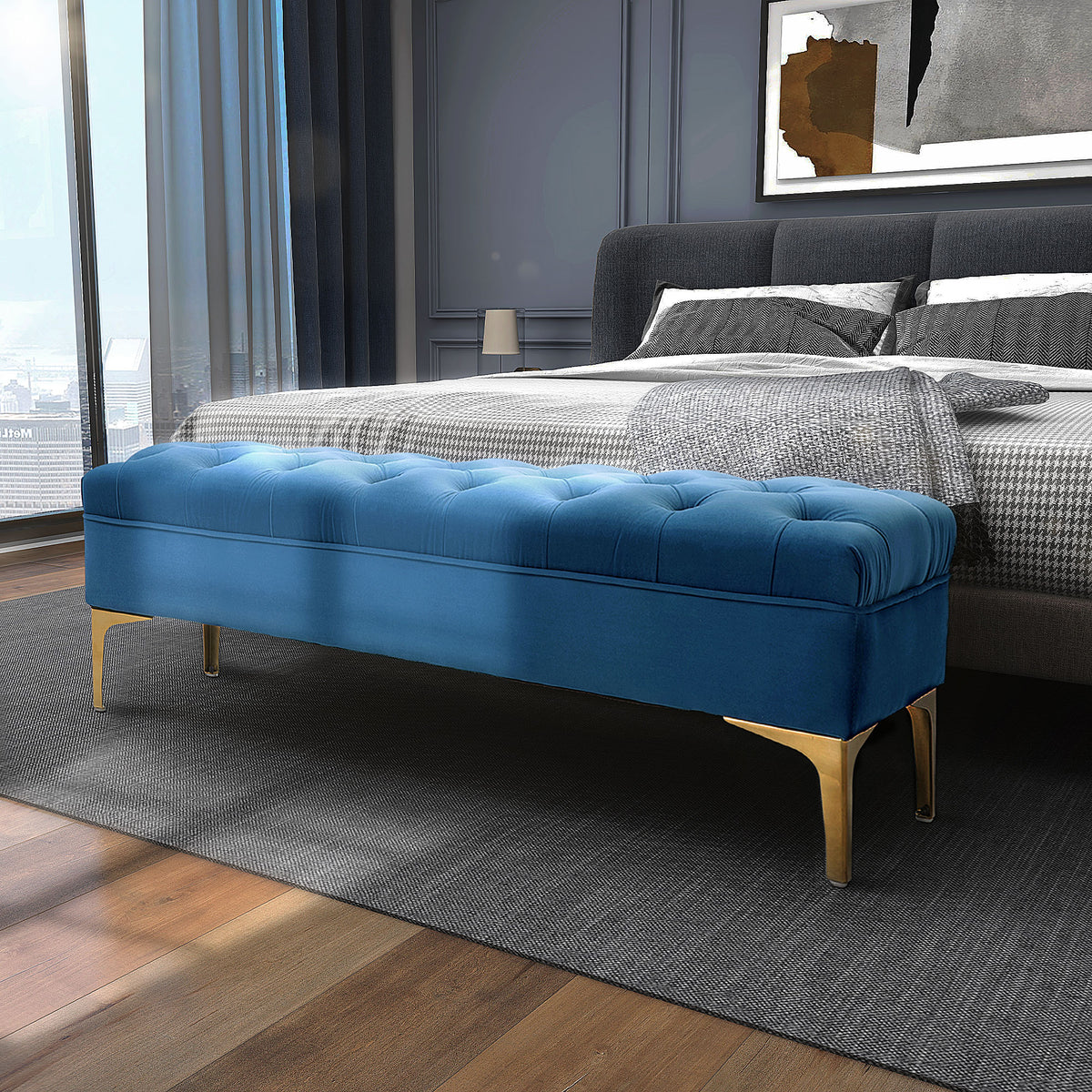 Zitbank bedbank schoenenbank met verhoogde poten slaapkamer fluweel blauw (2)