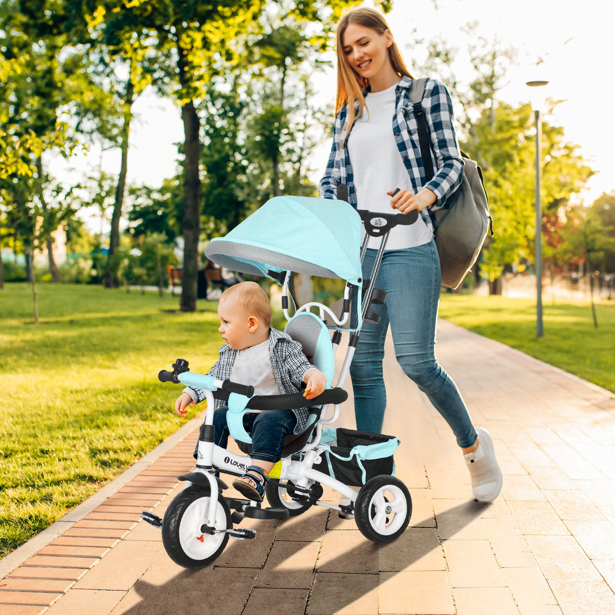 6-in-1 kinderdriewieler met duwstang, zonnekap, veiligheidsgordel, opbergmand, voor 1-5 jaar, groen (2)