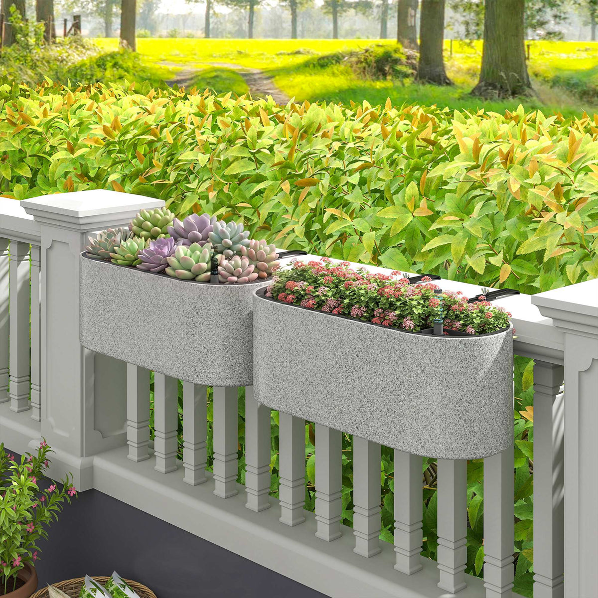 Set van 2 hangende bloempotten plantenbak met afvoersysteem gat haken 42 x 16 x 15 cm lichtgrijs (2)