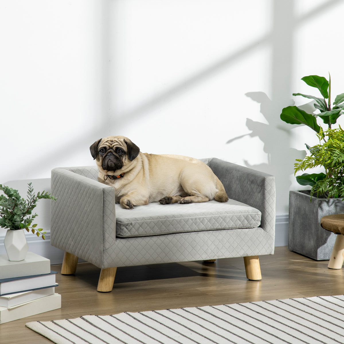 Hondenbank met houten poten hondenbed huisdierbank hondenmat voor kleine honden tot 8 kg fluweel-touch grijs 64 (2)