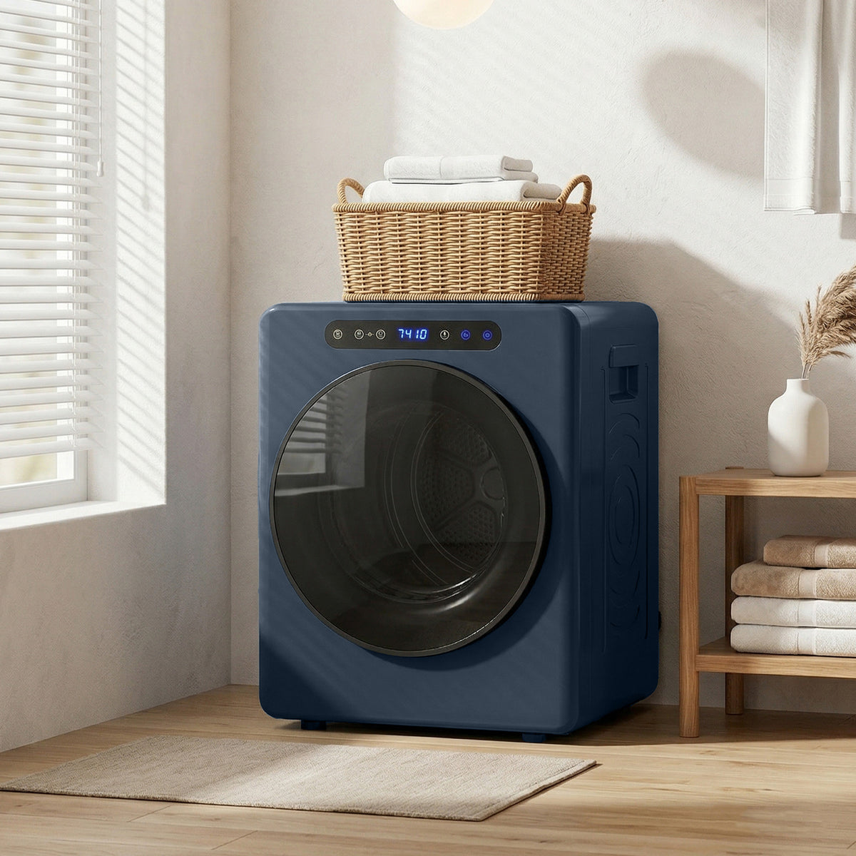 5kg luchtafvoerdroger, 1000W compacte vrijstaande voorlader-wasdroger met roestvrijstalen trommel, timer, blauw (2)