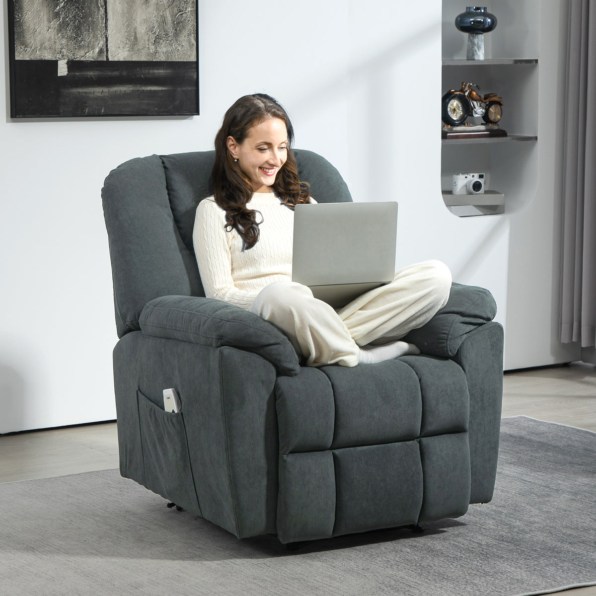 Elektrische relaxfauteuil met massage- en warmtefuncties, gestoffeerde fauteuil met USB-aansluiting, zijvakken (2)