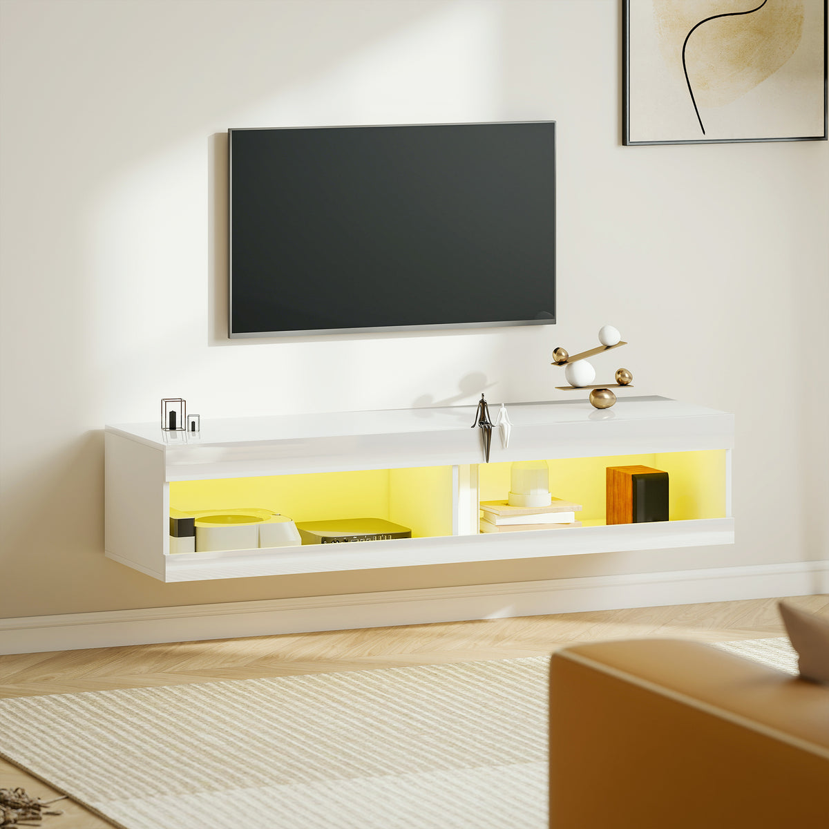 Tv-meubel, hangend tv-lowboard met RGB led-verlichting in 16 kleuren, tv-standaard met open opbergruimte, voor (2)