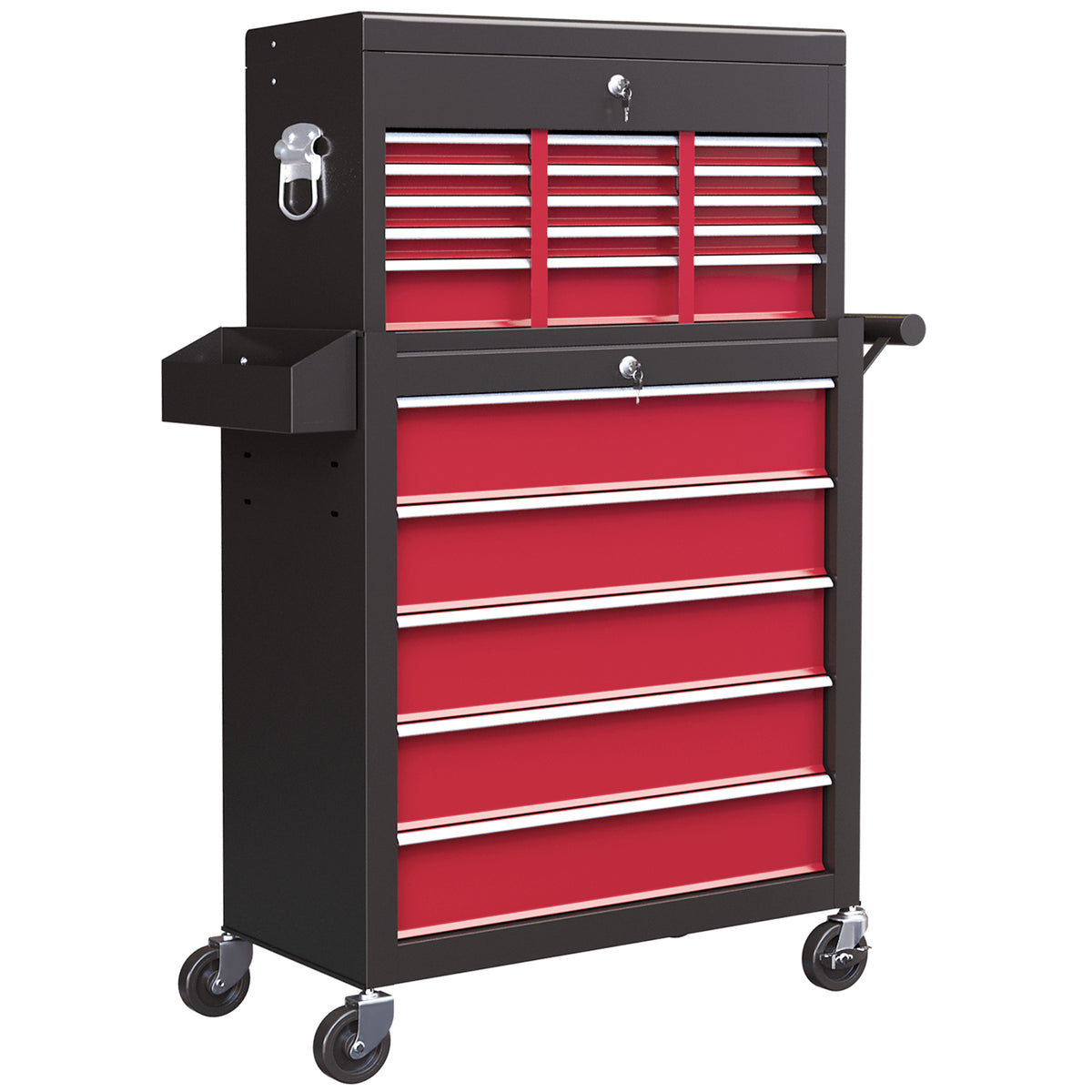 Gereedschapswagen, tweedelig, afsluitbaar, 14 laden, geperforeerde wand, staal, rood