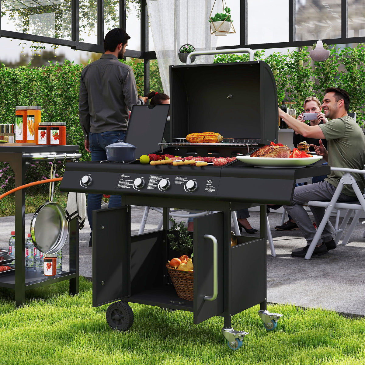 Verrijdbare gasbarbecue met opbergruimte, zijtafel, zijbrander, warmhoudrooster, thermometer, roestvrij staal (2)
