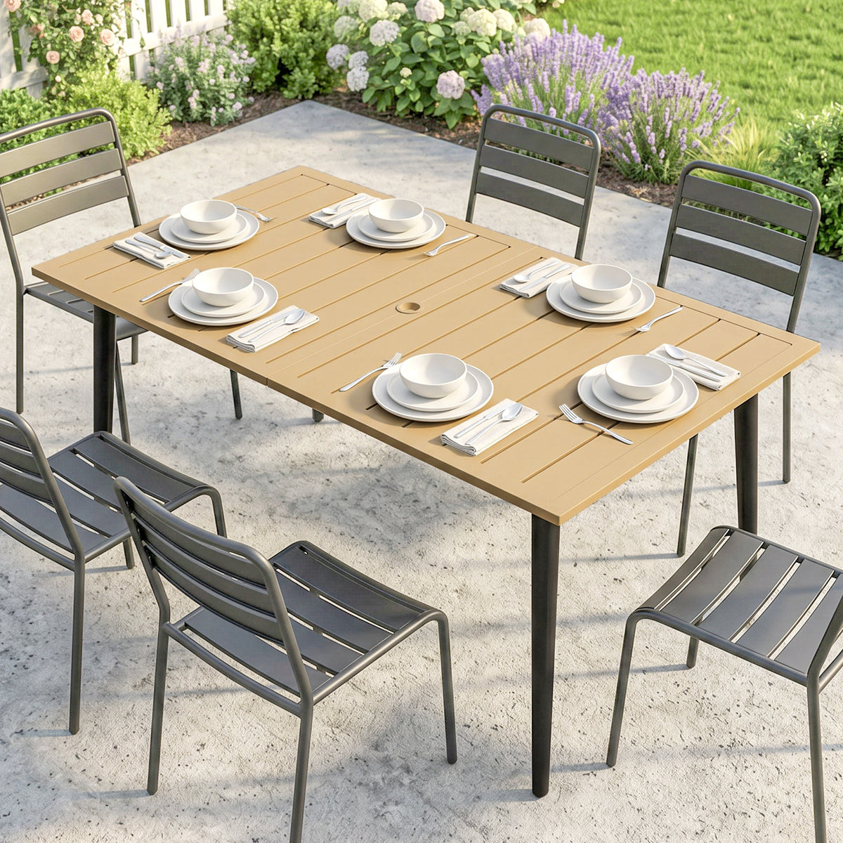 Tuintafel 150x90 cm, weerbestendige balkontafel van staal, balkontafel met parasolgat bruin (2)
