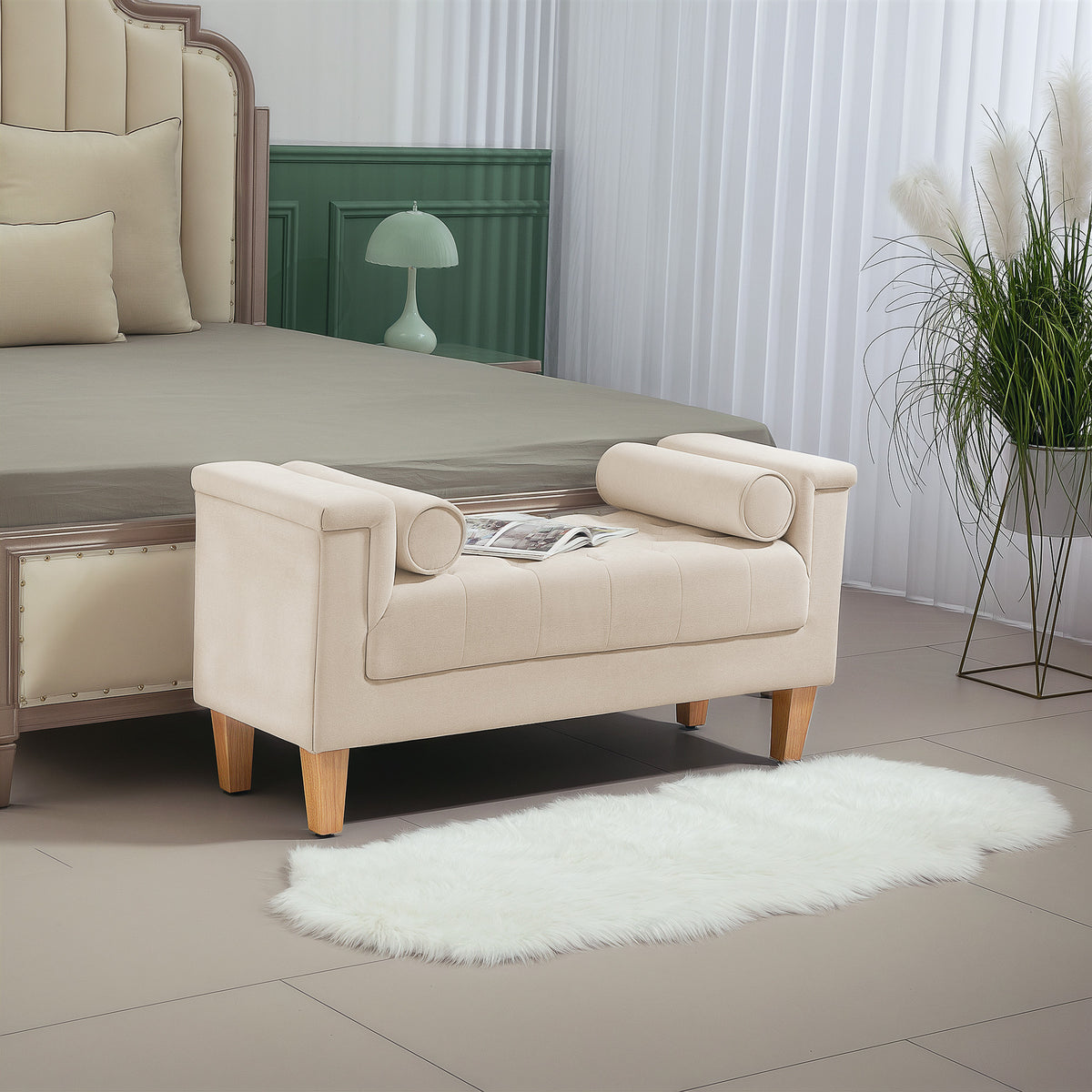 Gestoffeerd bankje, vintage design, 2 kussens, chenille bekleding, 115 x 44 x 58 cm, beige (2)