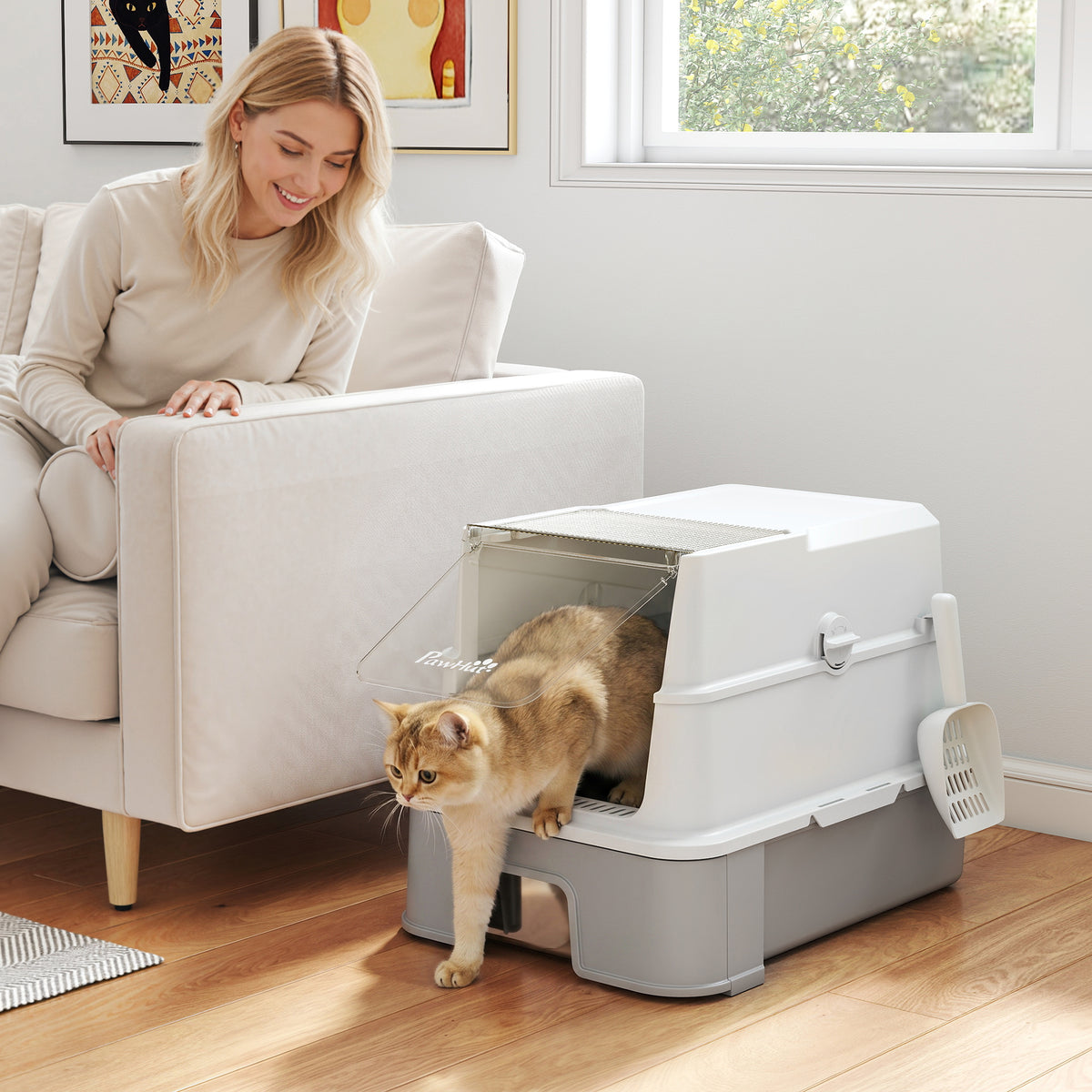 Roestvrijstalen kattentoilet met deksel, XL kattenbak met schepje, uittrekbare lade, hoge randen, makkelijk te (2)
