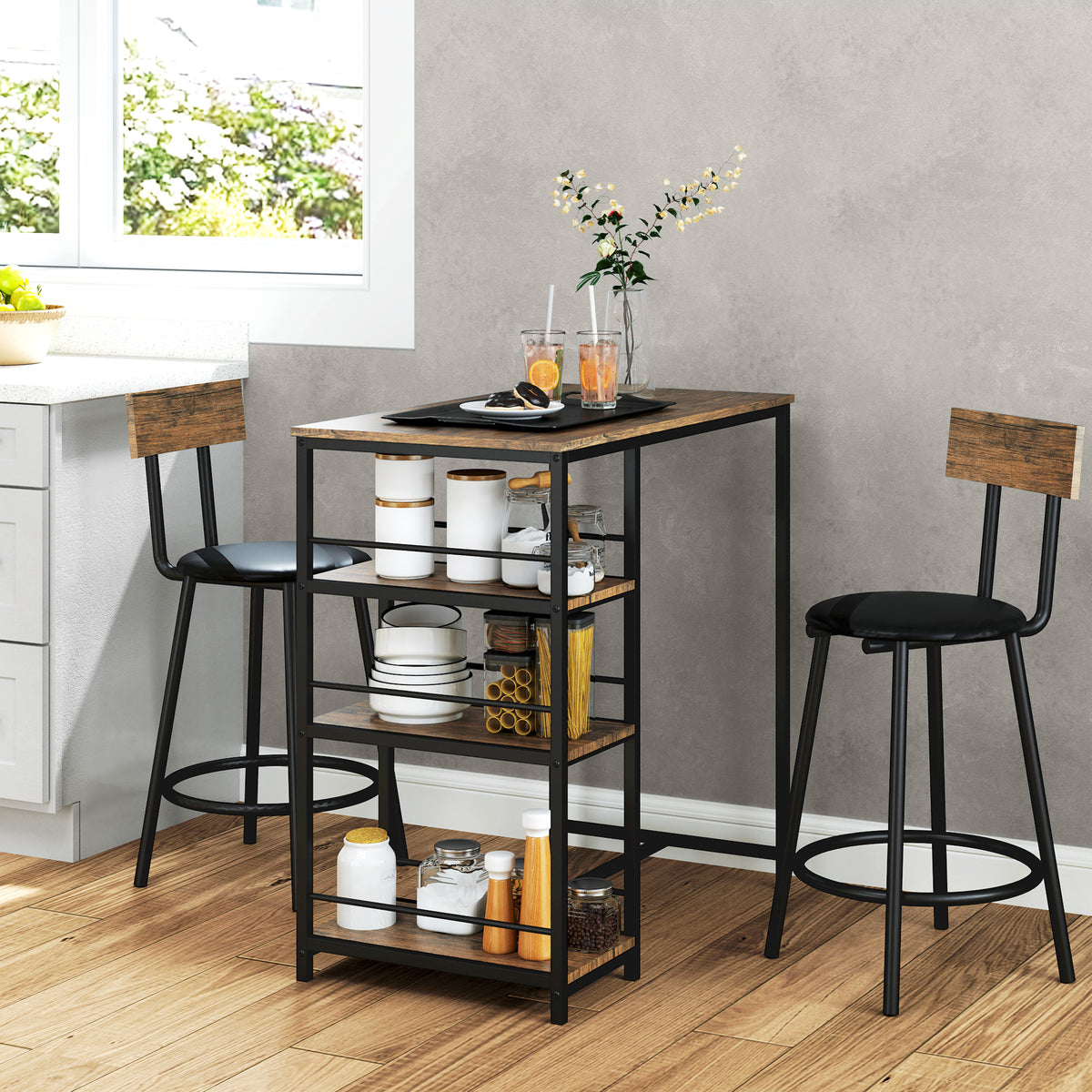 3-delige eetset met bartafel en 2 stoelen, kleine keukenset met zijplanken, MDF, metaal, zwart (2)