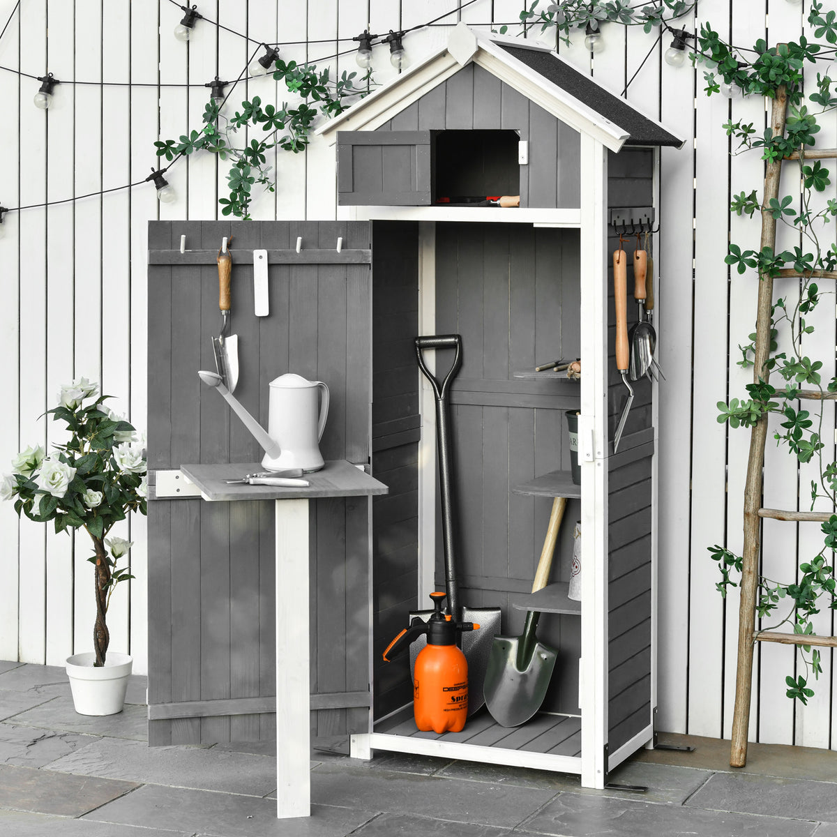 Tuinkast hout, weerbestendige gereedschapsschuur 78x52,5x182cm, tuinhuis met deur, zadeldak, gereedschapskast (2)