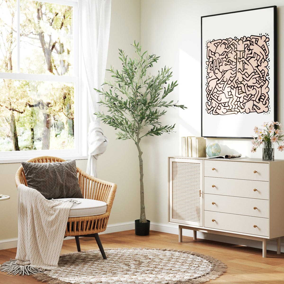 Kunstplant, kunstmatige olijfboom, 180 cm, 900 bladeren, 40 olijven, stabiele bloempot, decoratieplant, groen (2)