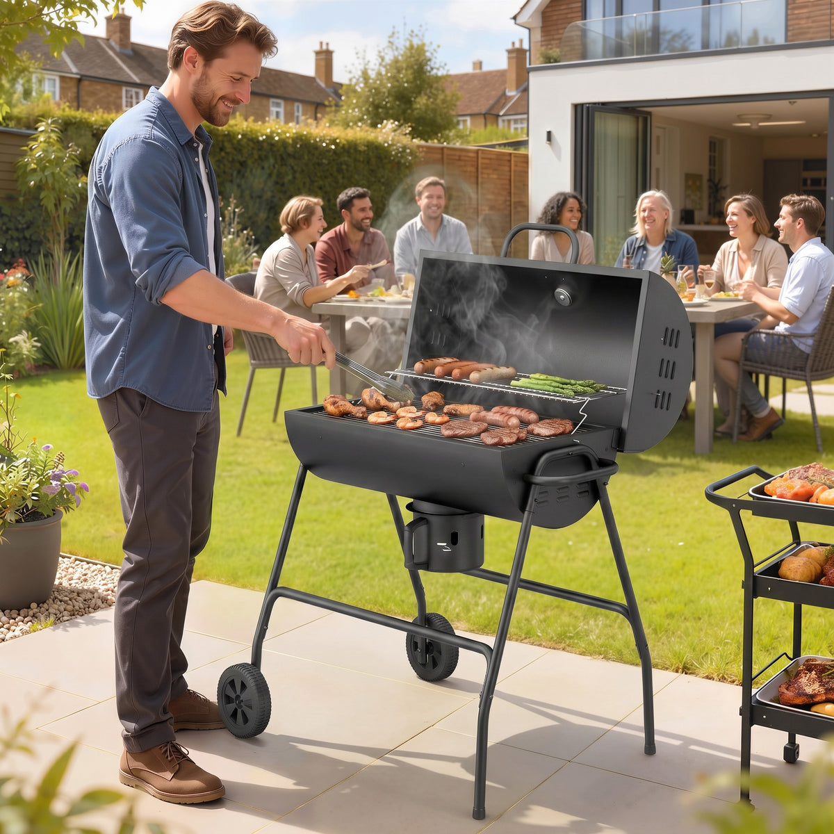 Metalen houtskoolbarbecue BBQ smoker met deksel, thermometer, wielen, grillwagen 95x71,5x102 cm zwart (2)