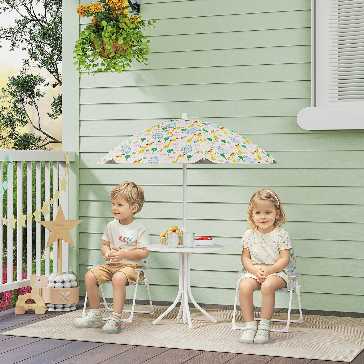 Kinderzithoek, klapstoelset met parasol, kleurrijk patroon, wit (2)