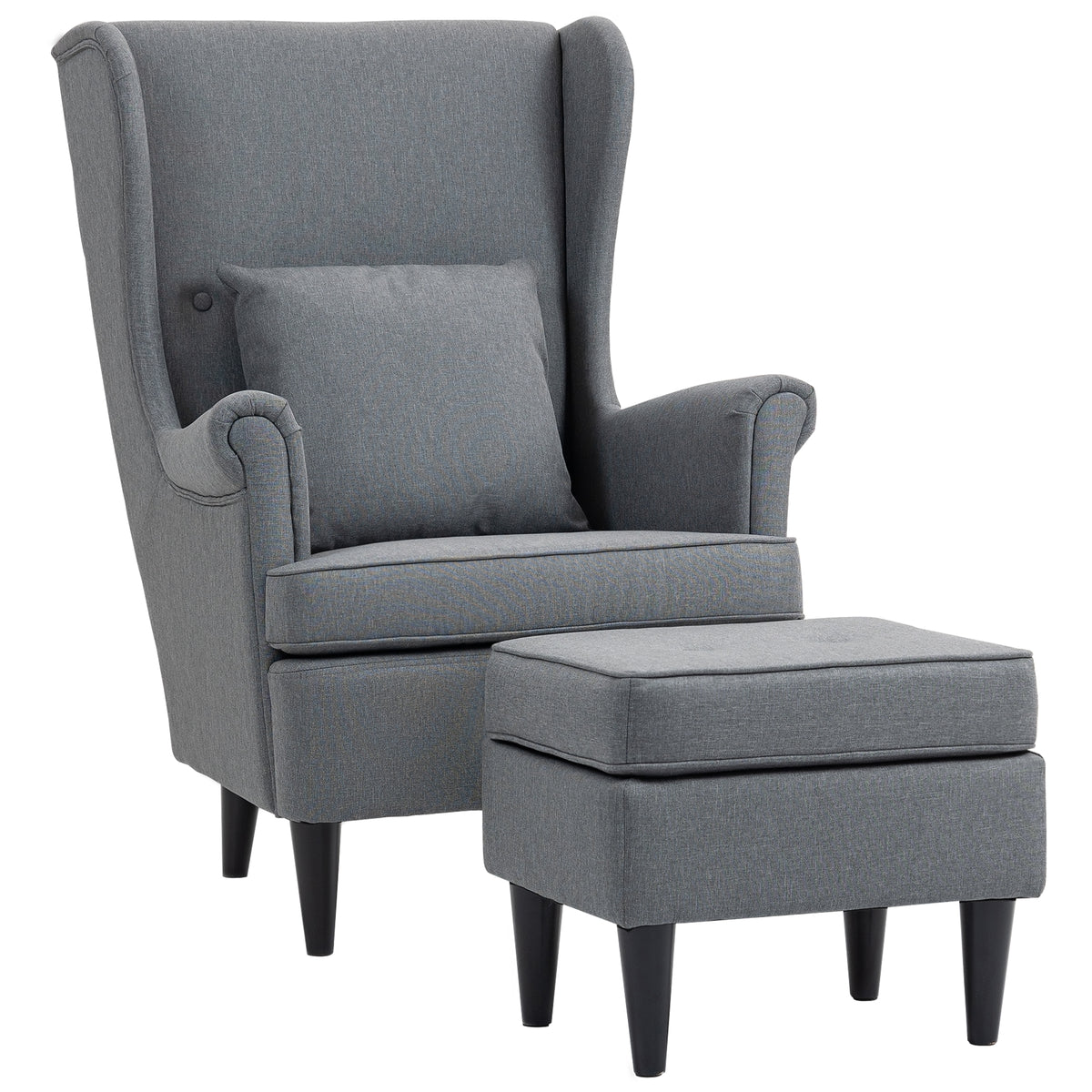 Fauteuil met voetenbank, gestoffeerde stoel met poten van rubberhout, stoffen bekleding, grijs