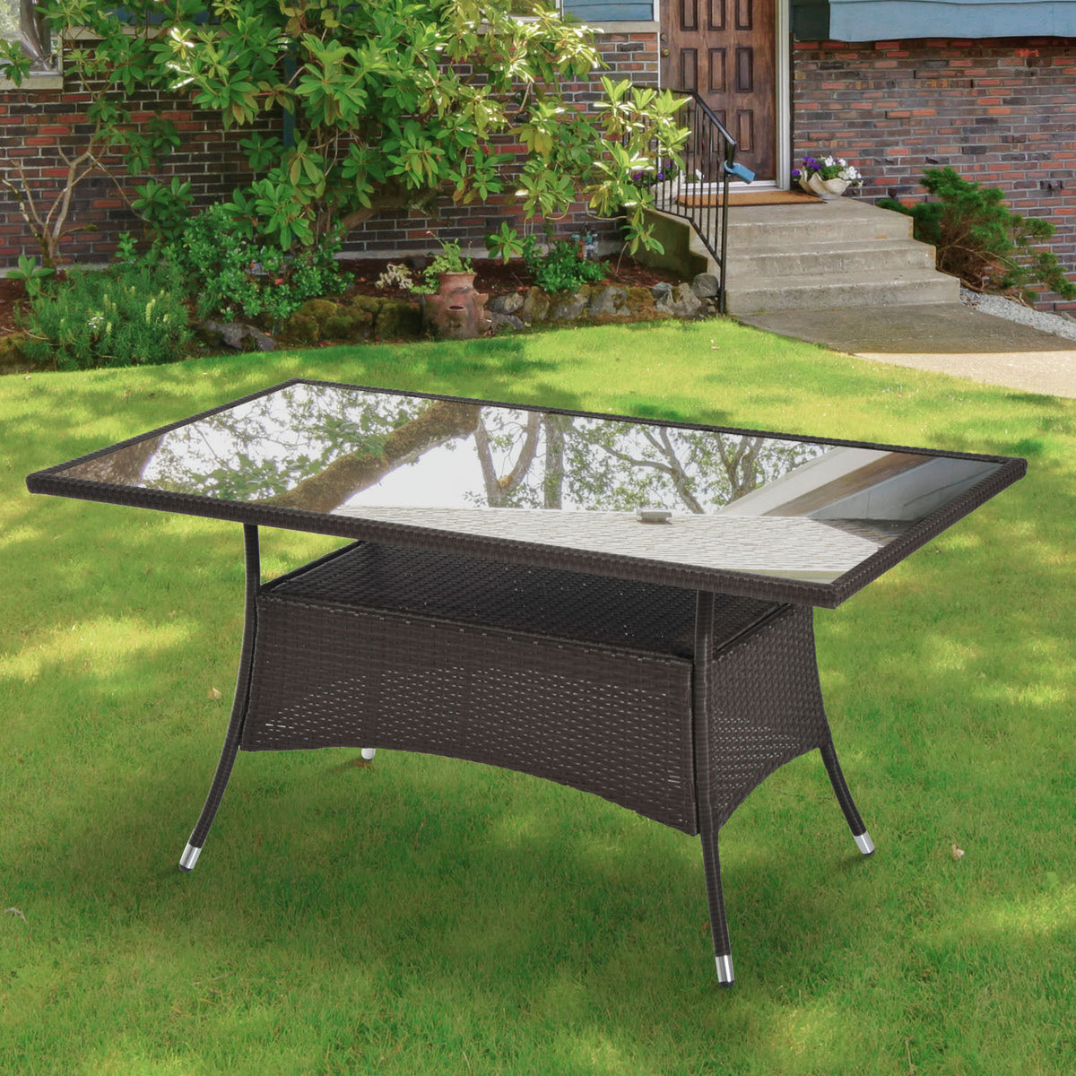 Tuintafel glastafel eettafel tuinmeubels tafel, polyrotan+veiligheidsglas, bruin+zwart, 150x85x74cm (2)