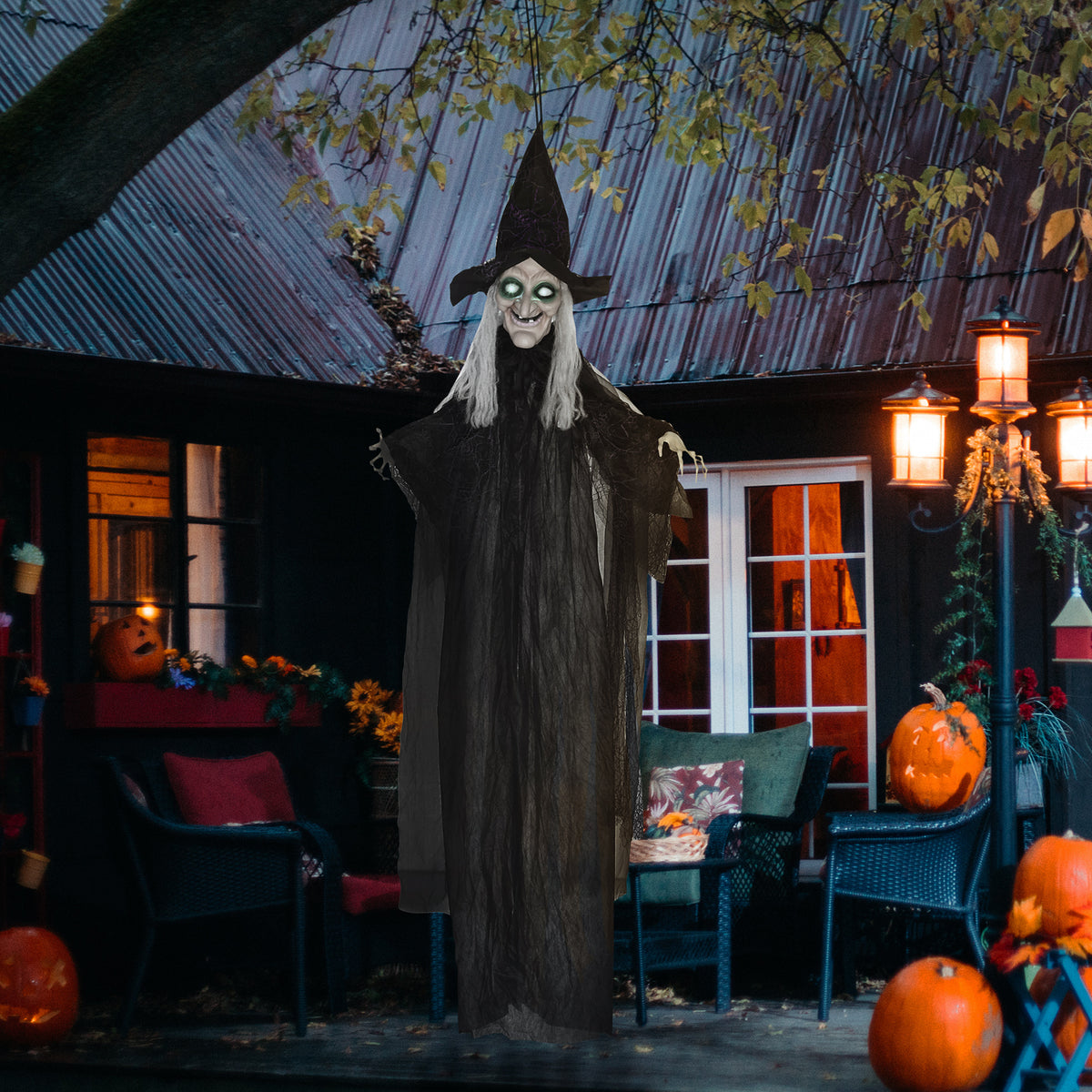 Halloween-heks, Halloween-decoratie, geluidsfunctie, met bewegingssensor, ledverlichting, 130 cm x 18 cm x 183 (2)