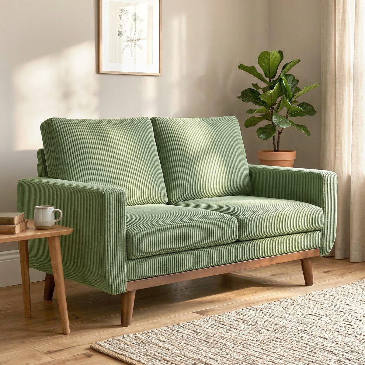 2-zitsbank, 134 cm ribfluwelen bank met pocketvering, dikke rugleuning, accent van houten latten, groen (2)