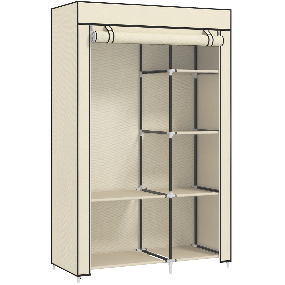 Stoffen kast, opbergoplossing, 6 planken, 1 kledingroede, crème